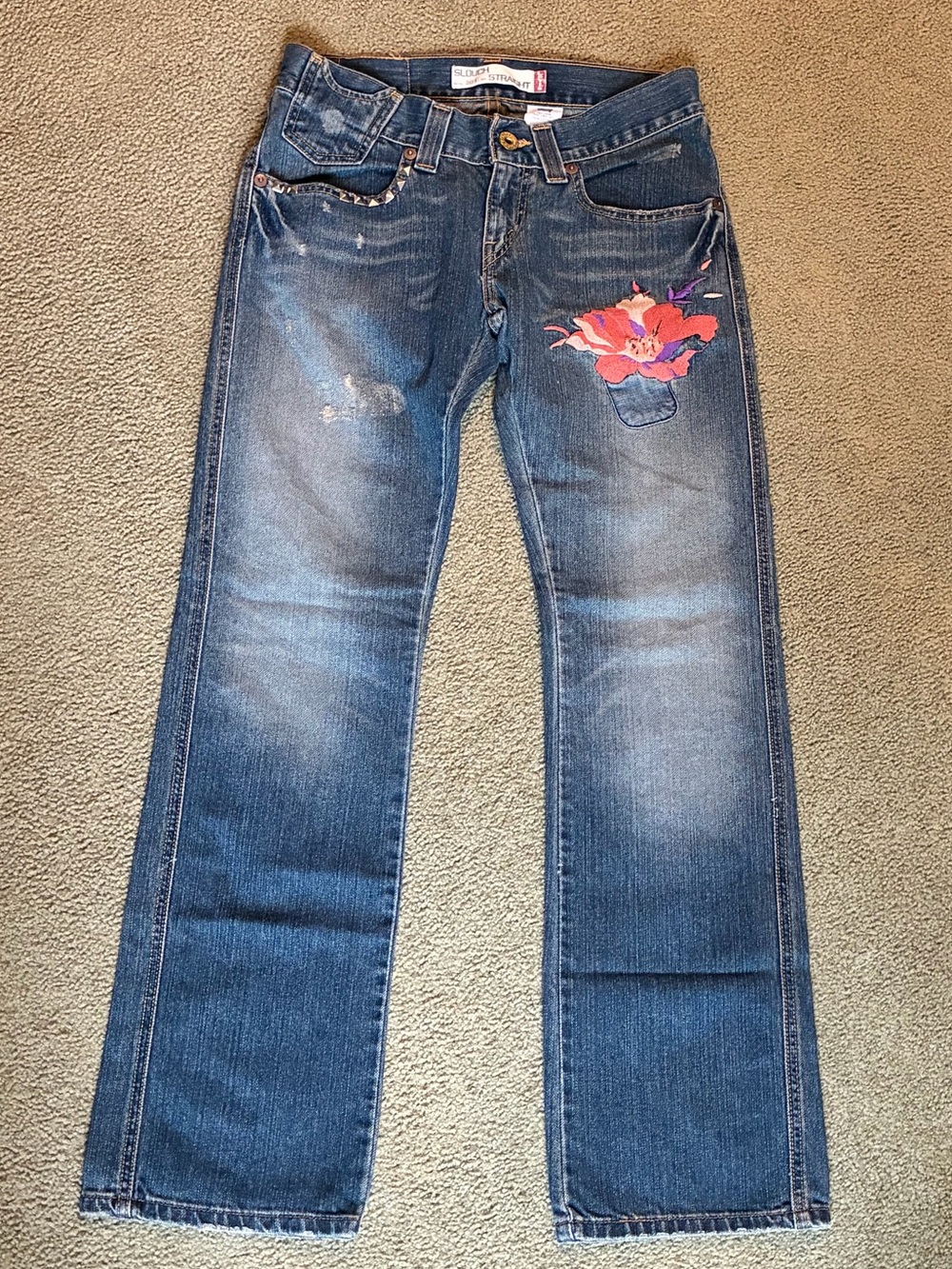 Levi’s 504 Slouch Straight 7M Women’s Distressed Denim Jeans Studs/Embroidered